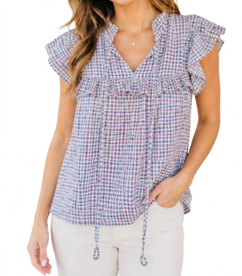 NEW MEET ME IN SANTORINI agean ruffled sleeves top in blue/pink/white